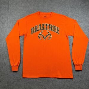 Realtree Long Sleeve T Shirt Mens M Blaze Orange Camo Logo Hunting Graphic Tee